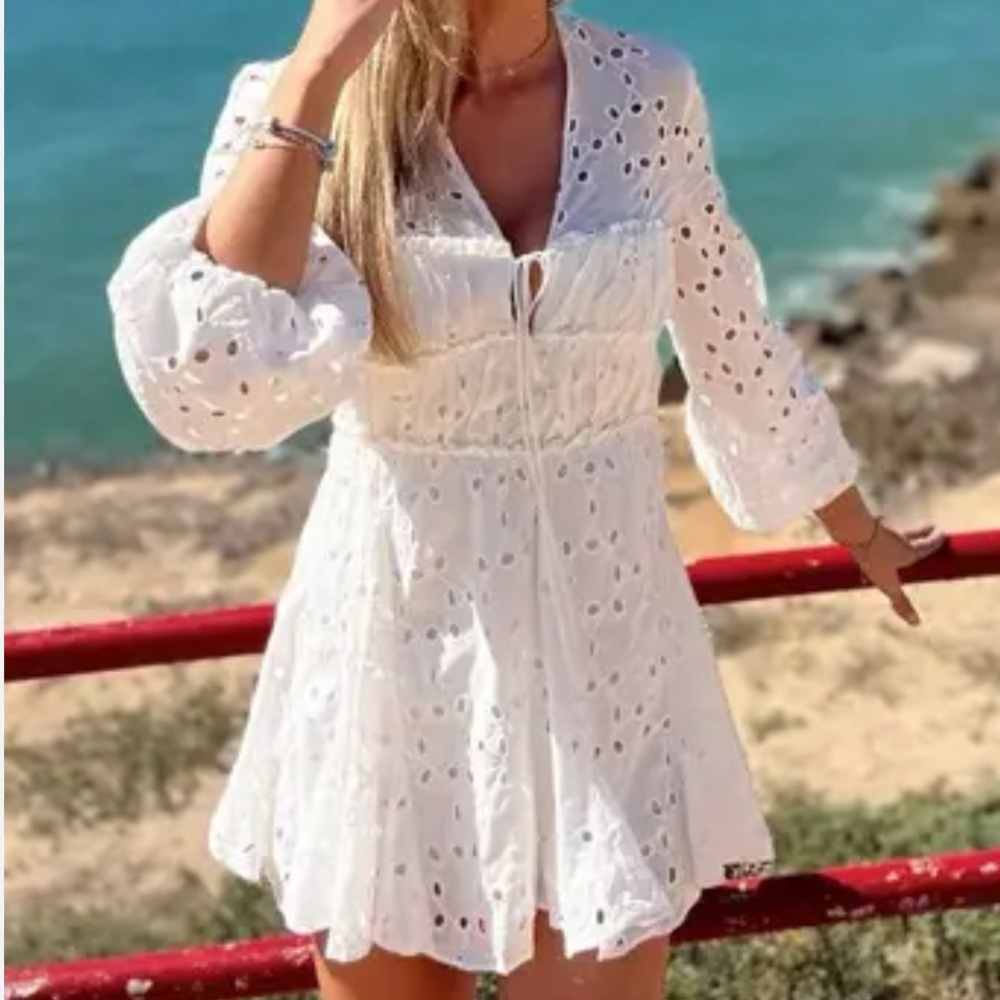 Zara oyster white embroidered eyelet dress